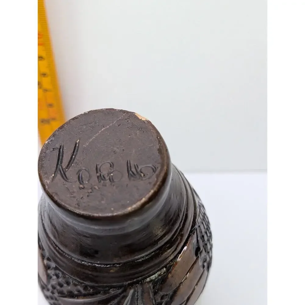 Signed Studio Pottery Vase Brown Glazed Carved Floral Handmade 4.5